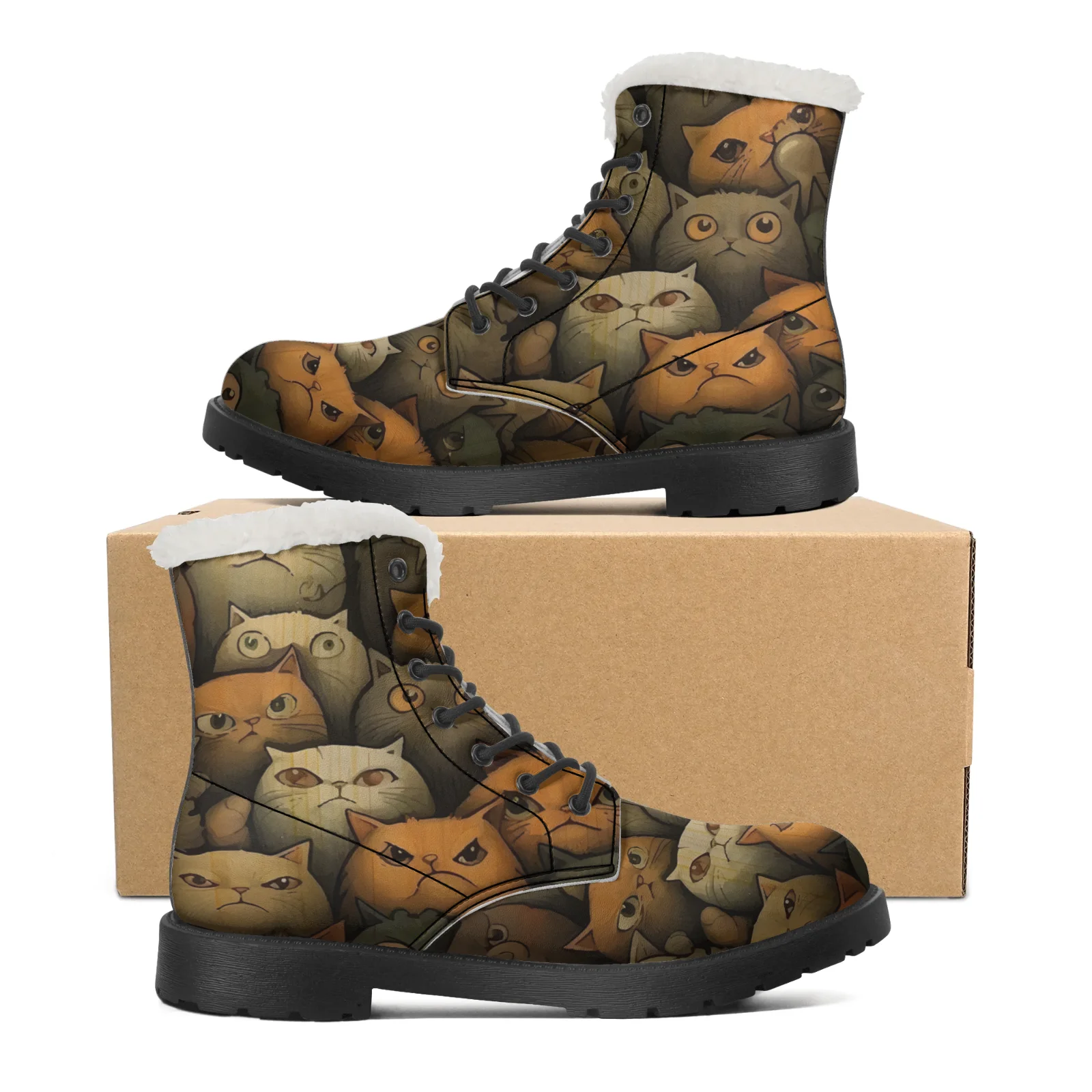 Men Shoes Eu To Us Size - Niedliche Katzen-Print Plüsch-Schneestiefel für Herren und